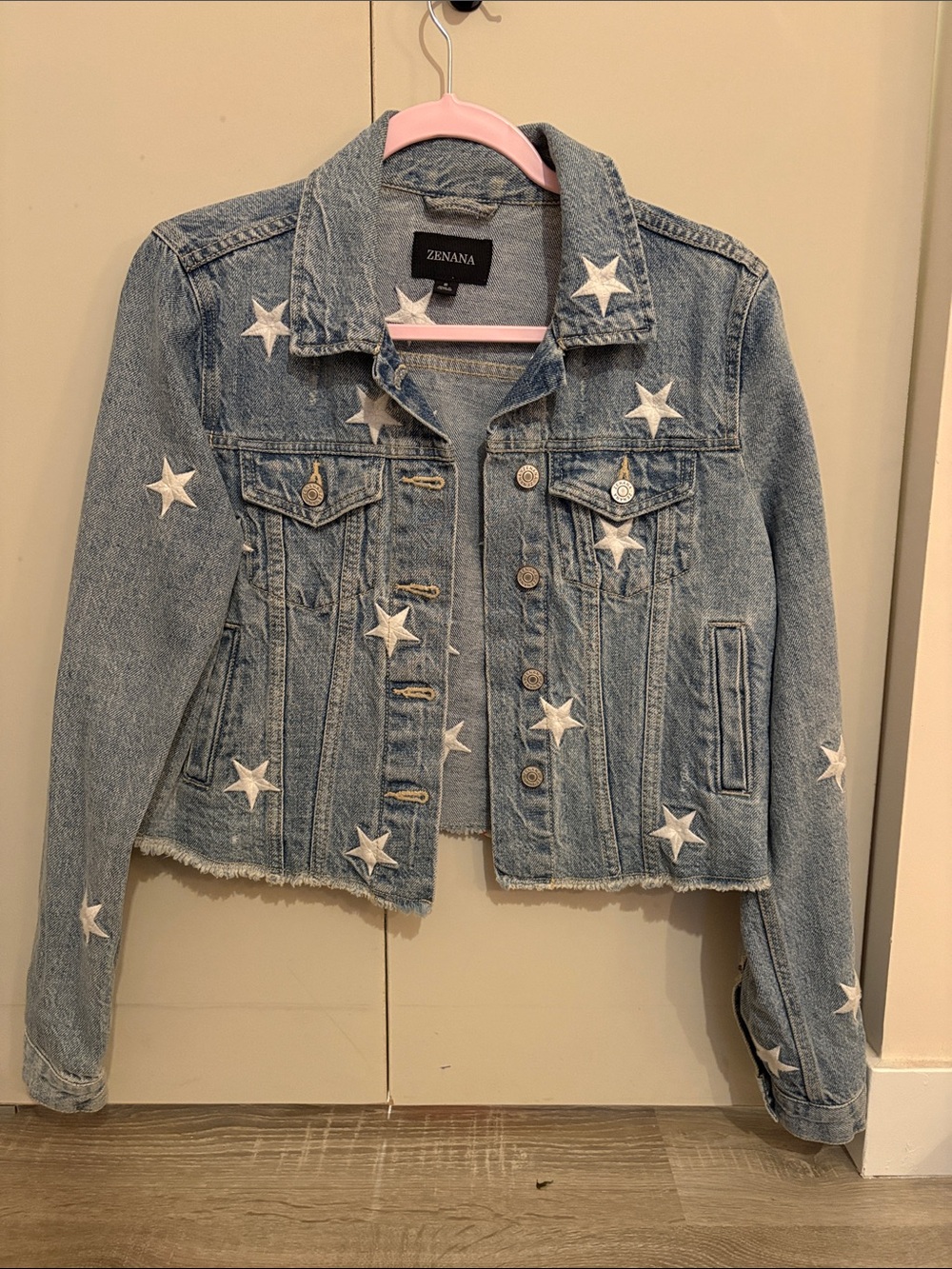 Zenana Outfitters Light Blue Denim Jacket with White Star Appliqués